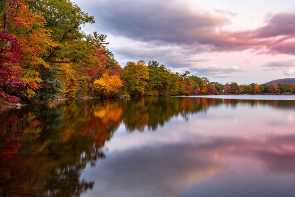 A lake surrounded by colorful trees at sunset.