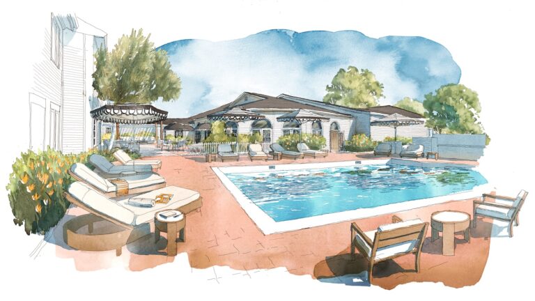 Watercolor illustration of a residential outdoor pool area with lounge chairs, tables, greenery, and a pergola, set against single-story buildings under a blue sky.
