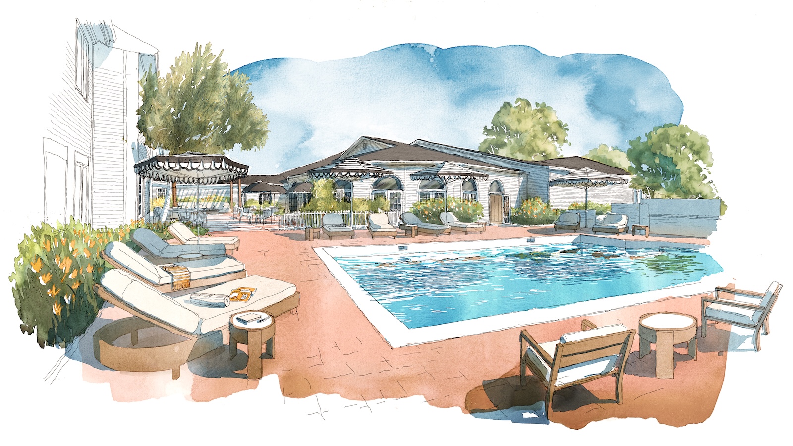 Watercolor illustration of a residential outdoor pool area with lounge chairs, tables, greenery, and a pergola, set against single-story buildings under a blue sky.