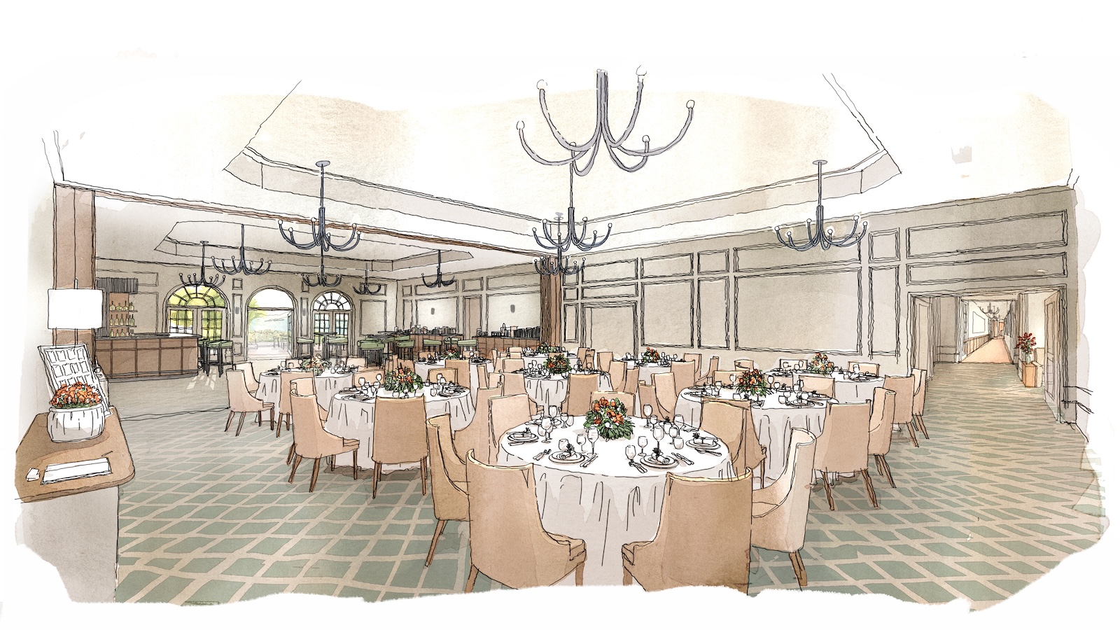 Illustration of a banquet hall set for an event with round tables, beige chairs, floral centerpieces, chandeliers, and large windows.