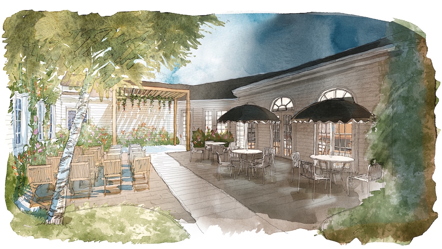 Illustration of a patio with outdoor seating, round tables under black umbrellas, wooden chairs, and greenery along the walls of a building.