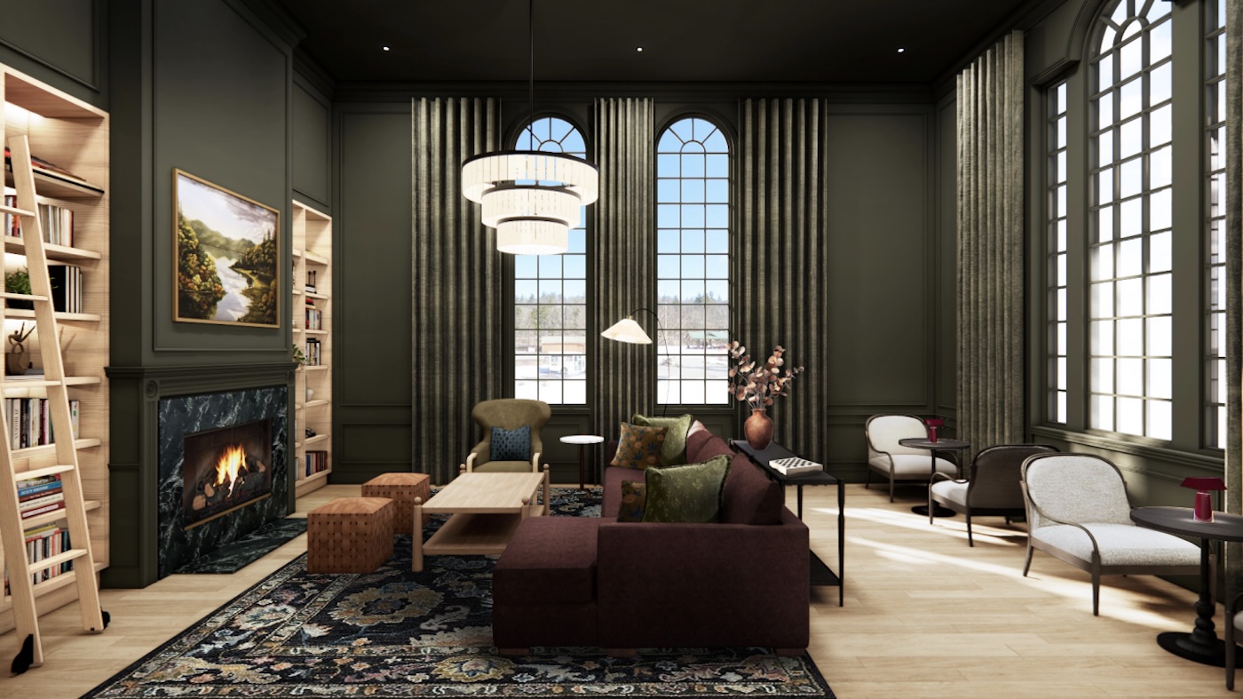 Modern living room with large arched windows, dark green walls, a fireplace, bookshelves, a maroon sofa, armchairs, pendant lights, and a patterned rug.