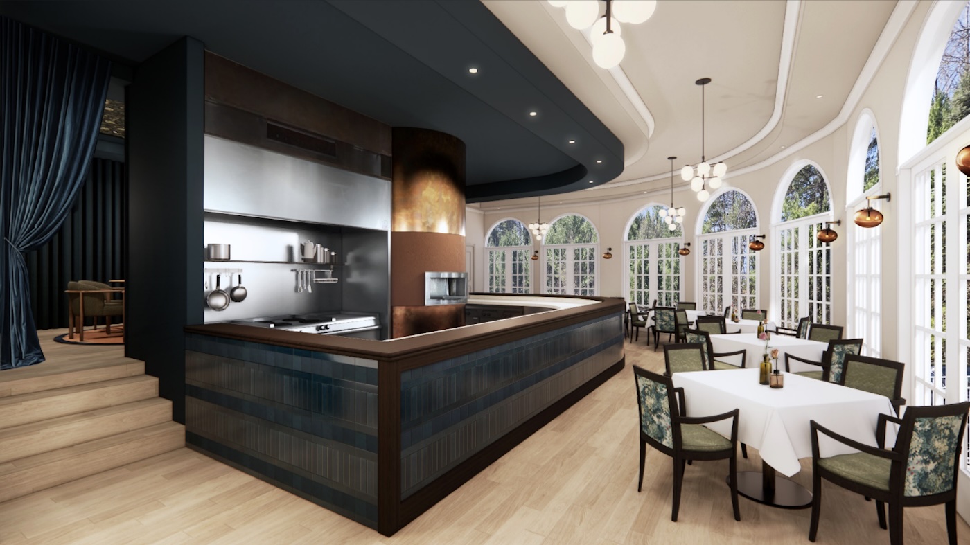 Modern restaurant interior with an open kitchen, curved bar, white tablecloth dining tables, green upholstered chairs, large windows, and wood flooring.