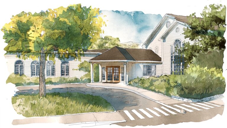 A watercolor illustration of a white building with arched windows, a covered entrance, a crosswalk, and trees and shrubs in the foreground.