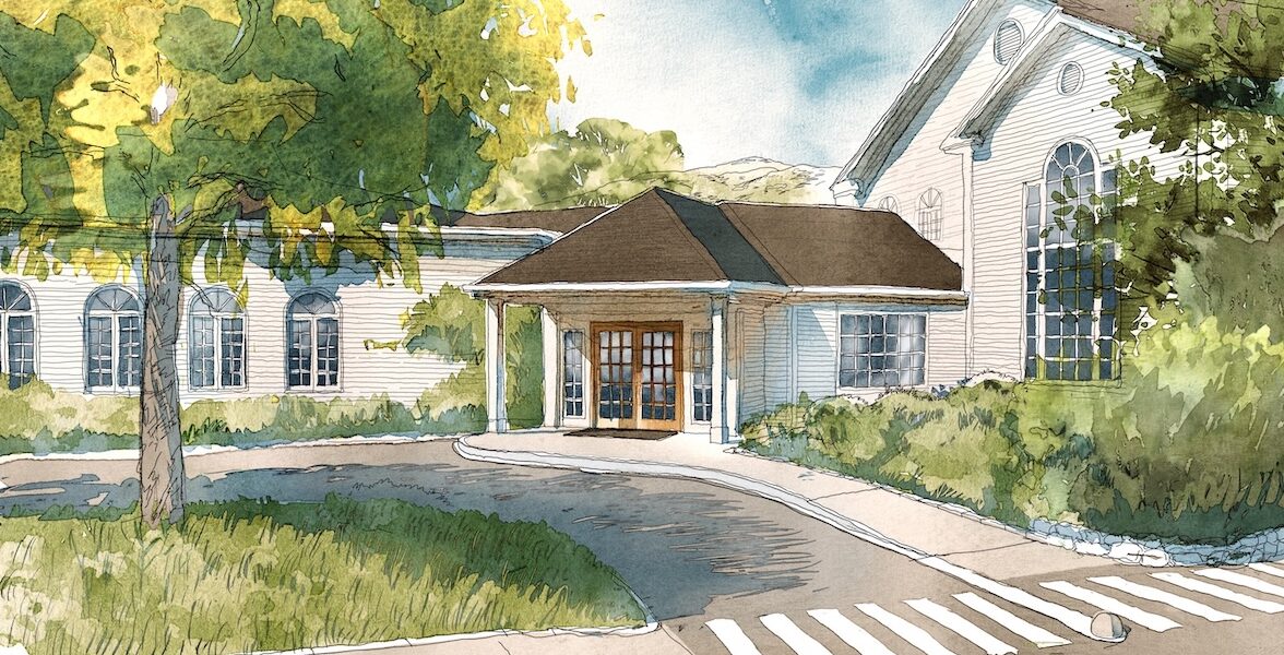 A watercolor illustration of a white building with arched windows, a covered entrance, a crosswalk, and trees and shrubs in the foreground.